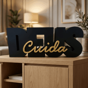 Letreiro Decorativo “Deus Cuida” | Placa Religiosa para Mesa e Estante